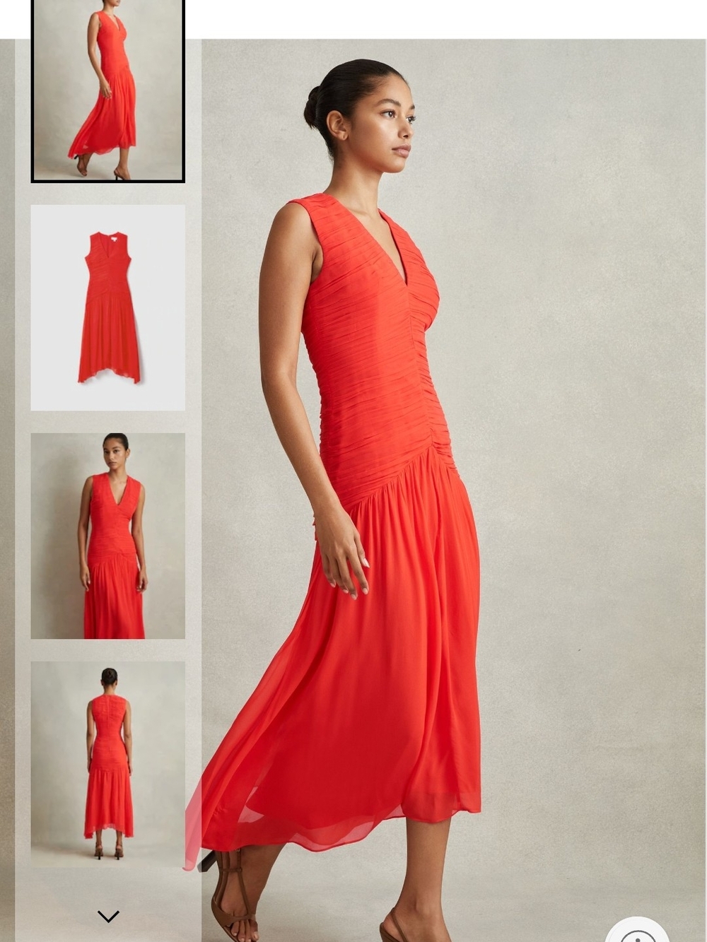 Reiss Saffy Ruched Bodycon Midi Dress in Coral
